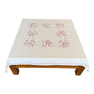 Vintage Floral Embroidered Tablecloth 48x45 White Pink Cottagecore Decor